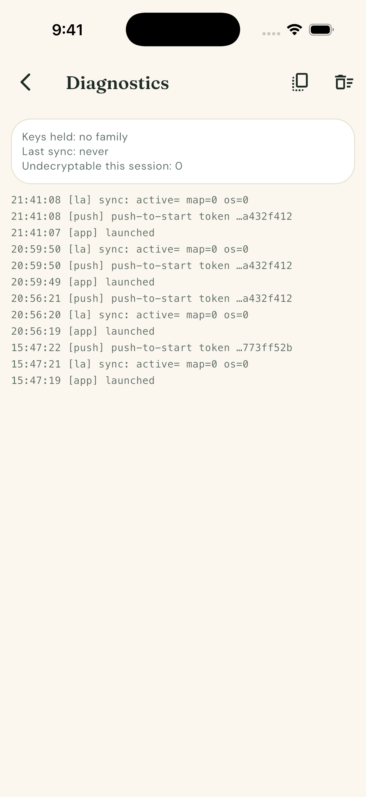 The Diagnostics screen: vitals card and the timestamped event log