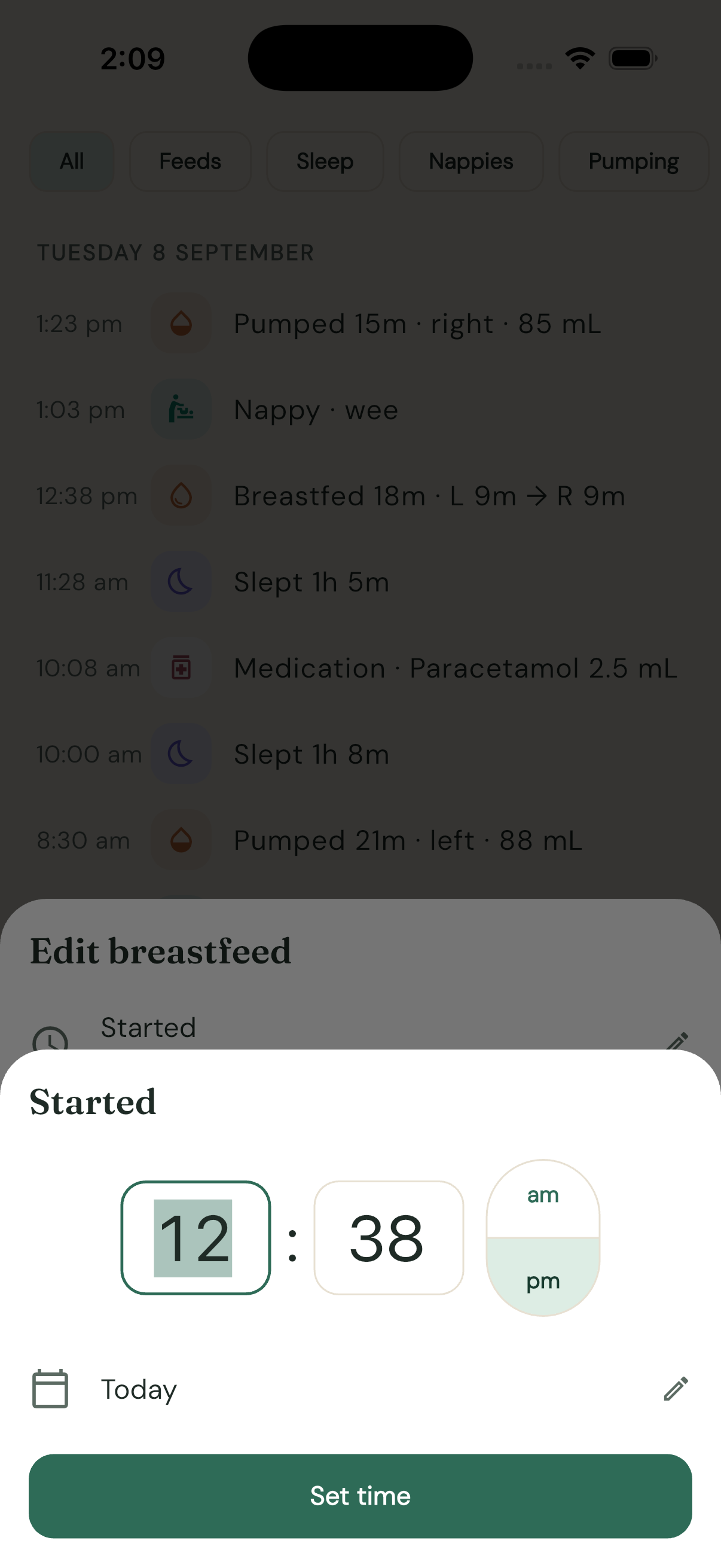 The time-first editor: typed hour/minute, am/pm, date row underneath