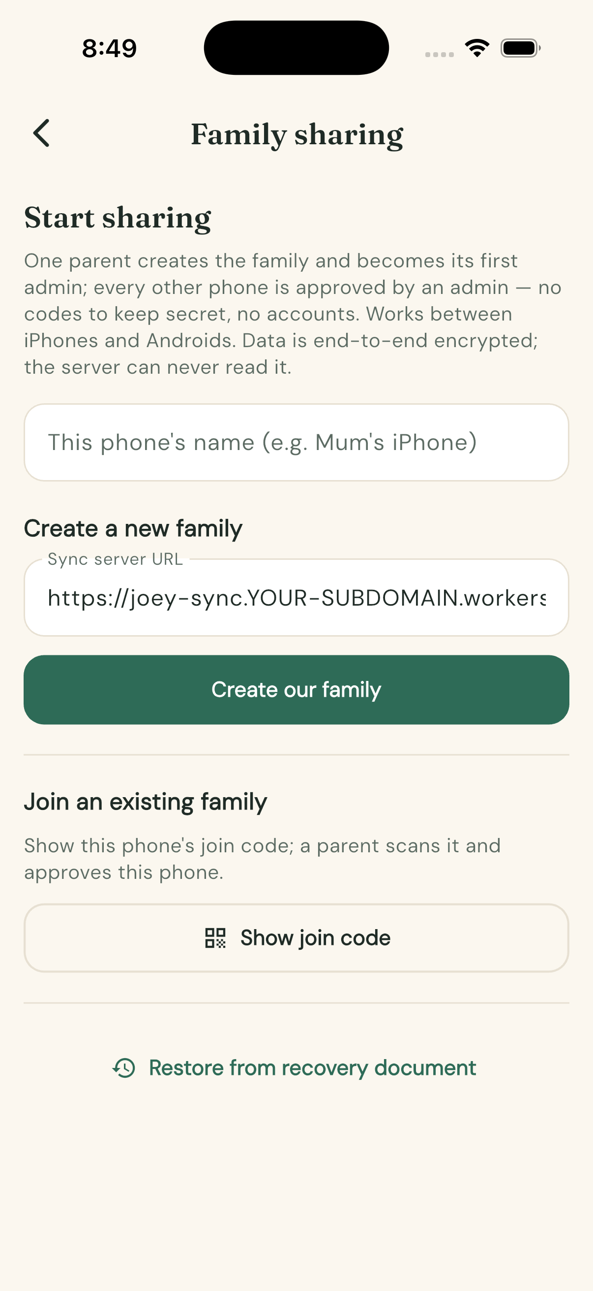 Family sharing screen with create, join and restore options