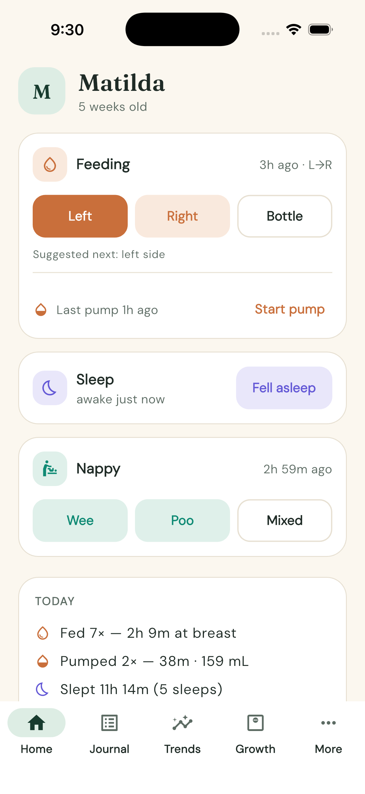 Home screen with the Feeding card showing "Pumping now"