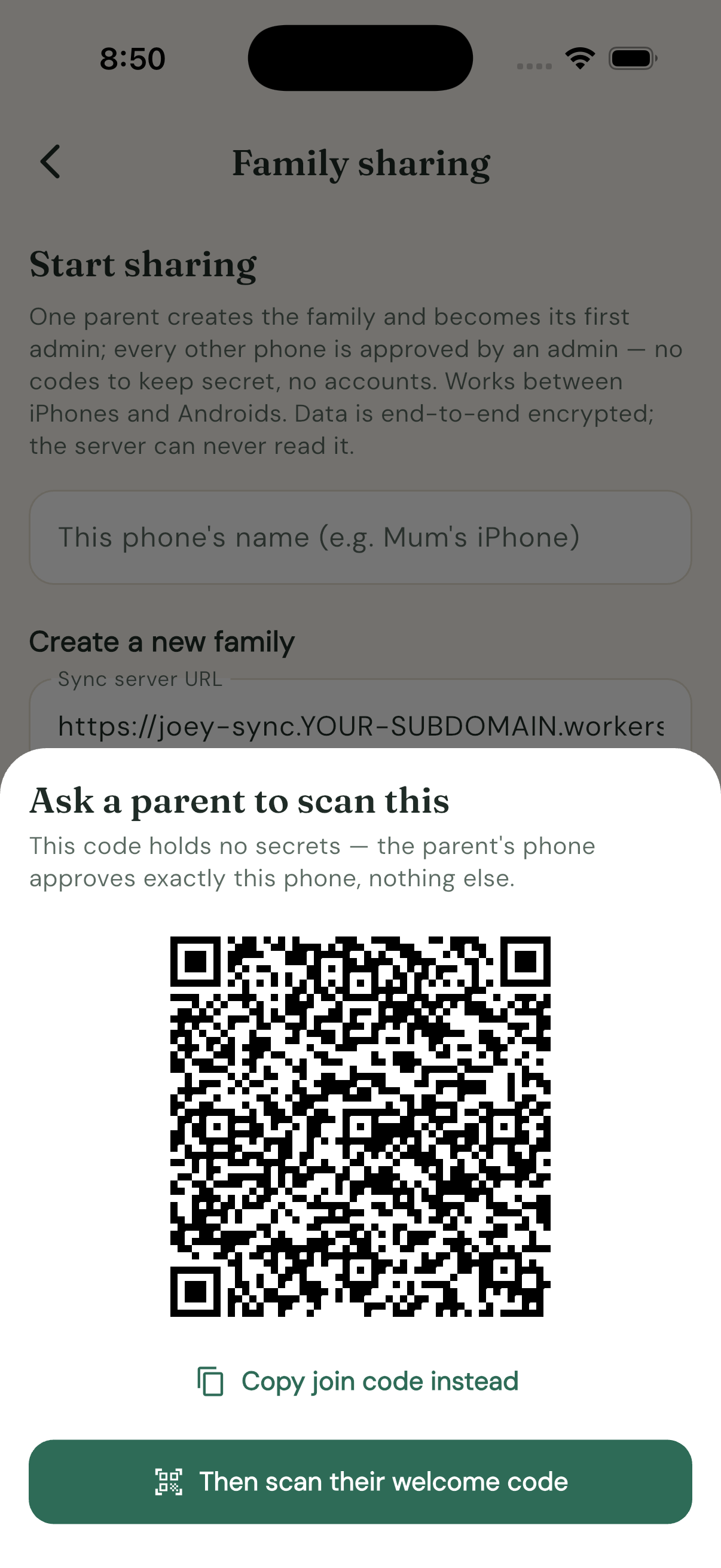 The joining phone's code β no secrets, ask a parent to scan it