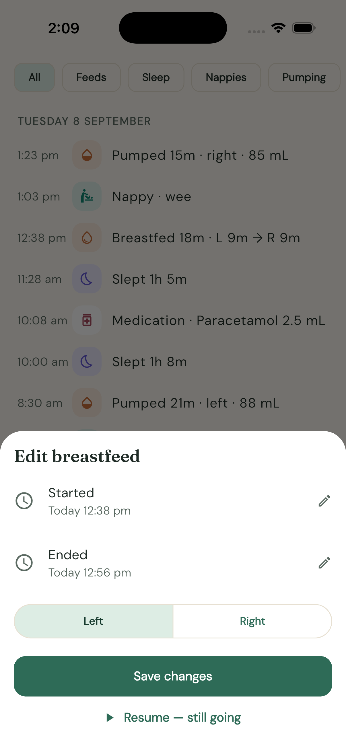 Editing a breastfeed β start/end times, side, Save changes and Resume β still going