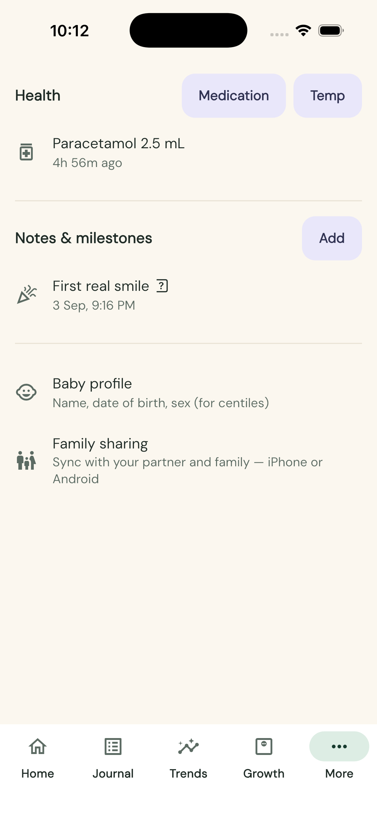 The More tab, with Baby profile below Health and Notes & milestones