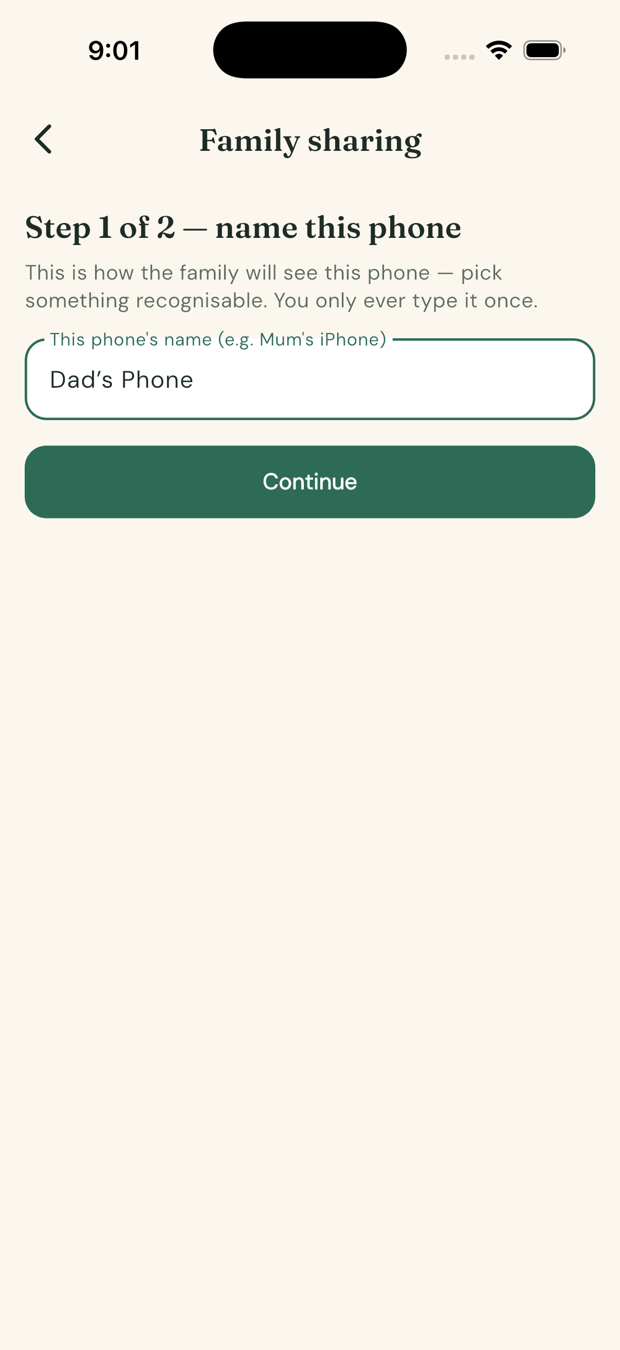Step 1 of the setup wizard β naming the phone