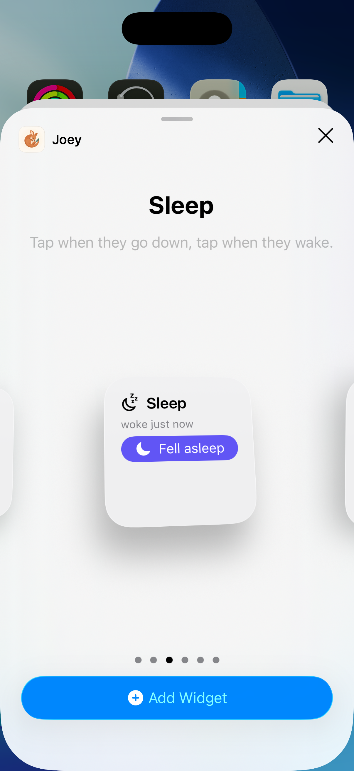 The widget gallery showing a Joey widget with the Add Widget button