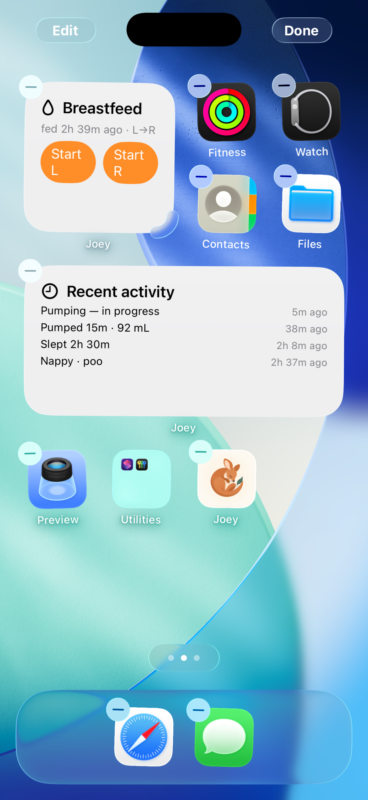 Joey widgets on the home screen in edit mode